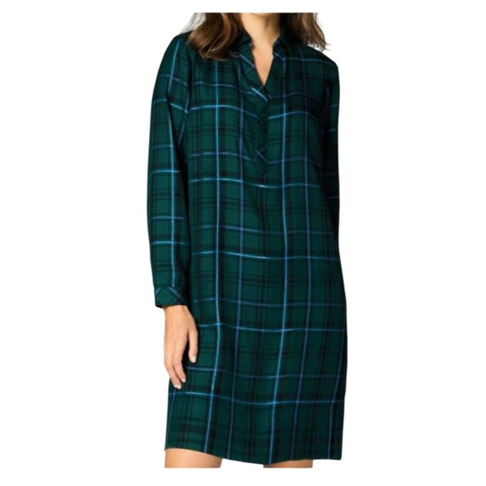 J.Jill Plaid Womens S Popover Split-Neck Dress/Night Shirt Emerald Green/Blue